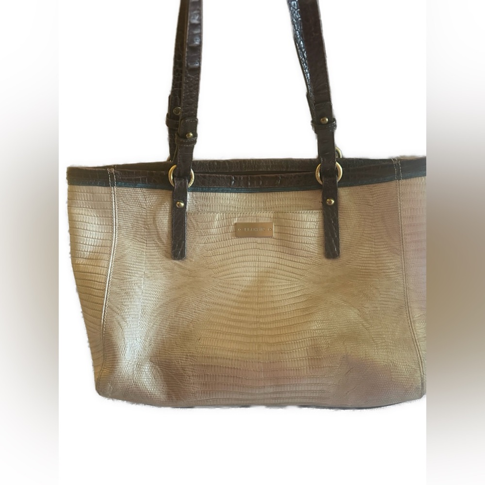 Brahmin Genuine Leather Medium Arno Shimmer Tri- Texture Tote Beige Brown Teal